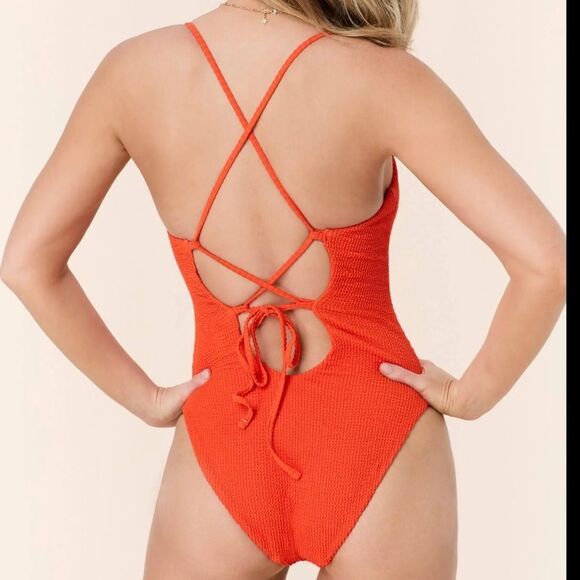Andie The Fiji One Piece Seersucker Vermillion Orange size L NWT - Picture 2 of 7